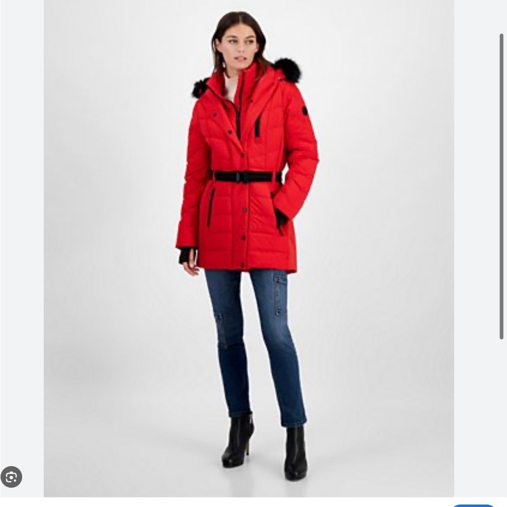New Women's Michael KORS Red Belted Puffer Jacket